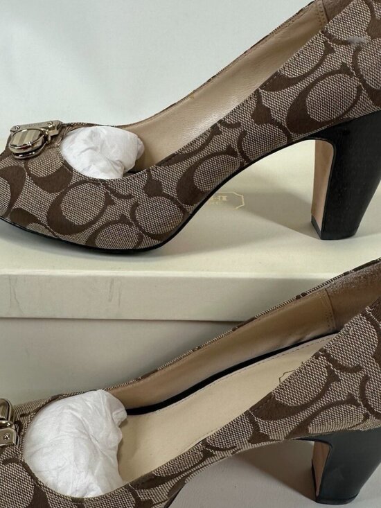 COACH Helaine Peep Toe Monogram Buckle Accent Pumps - Picture 7 of 9